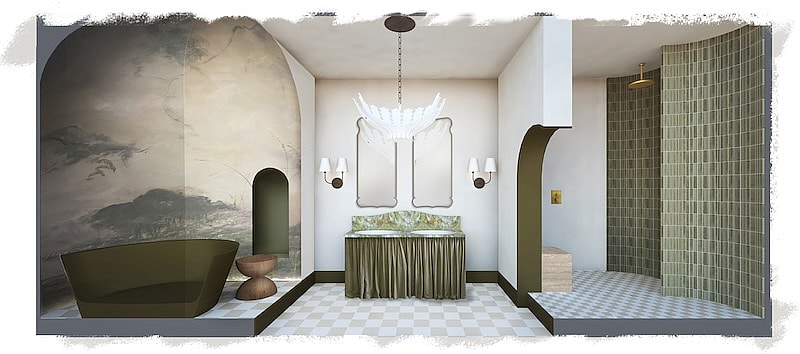 A sketch of the House of Rohl Bathroom by Michaelis Boyd, for WOW!house 2024