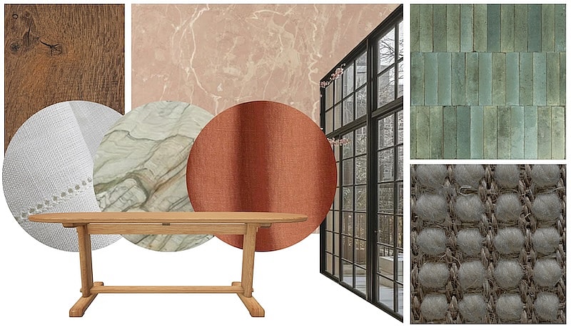 A concept moodboard of the Dining Space by Suzy Hoodless, for WOW!house 2024