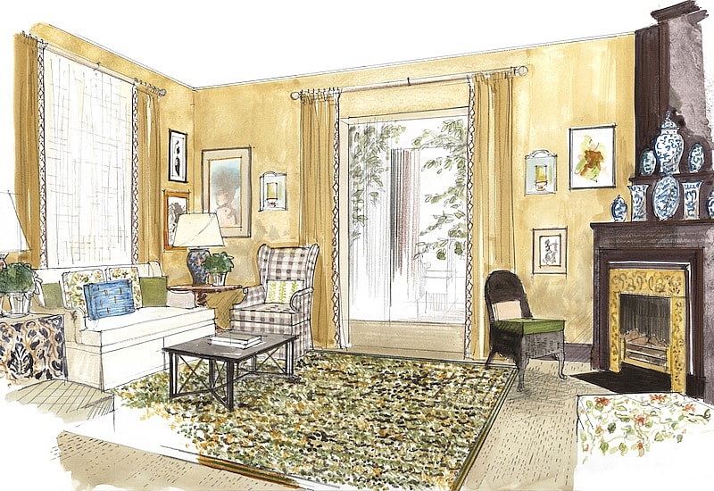 A sketch of the Colefax and Fowler Morning Room by Lucy Hammond Giles, for WOW!house 2024
