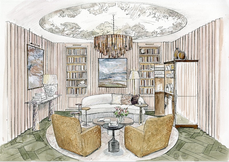 A sketch of the Chase Erwin Library, by Andrea Benedettini, for WOW!house 2024