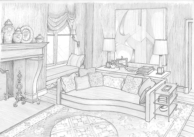 A sketch of the Tissus d’Hélène Drawing Room by Guy Goodfellow, for WOW!house 2024