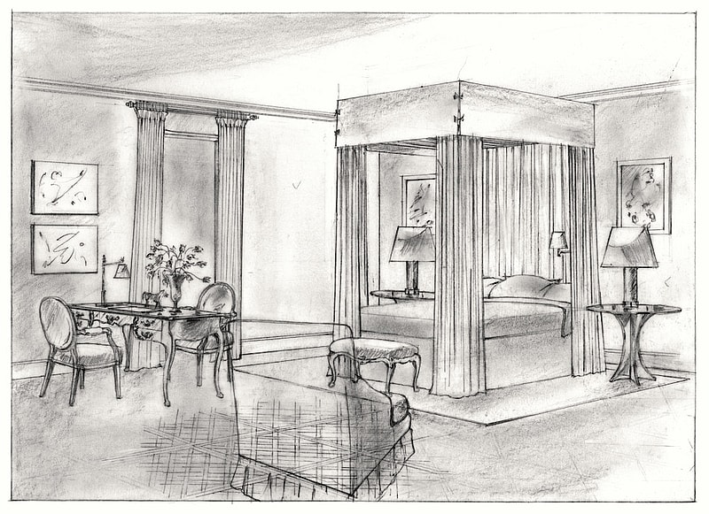 A sketch of the Schumacher Courtyard Bedroom by Veere Grenney Associates, for WOW!house 2024